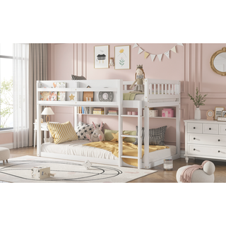 Sunvega Low Twin Over Twin Solid Wood Bunk Bed with Ladder for Kids & Juniors