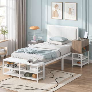 Sunvega Full Size Metal Platform Bed with Two Tier Storage Shelves and Wooden Cabinet