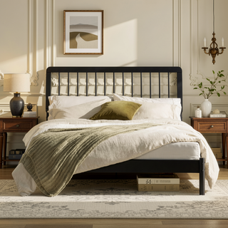 Sunvega Solid Pine Wood Queen Spindle Bed with Slat-Back Design for Modern Interiors