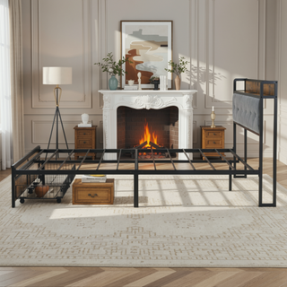 Sunvega King Bed Frame with Storage Headboard LED Lights and USB Charging Station