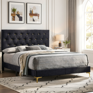 Sunvega Queen Panel Bed with Diamond Tufted Headboard and Gold Legs