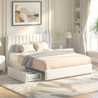 Sunvega Ivory Boucle Upholstered Queen Platform Bed with 2 Storage Drawers
