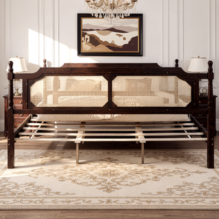 Sunvega King Pine Wooden Bed with Rattan Headboard and Footboard, Walnut