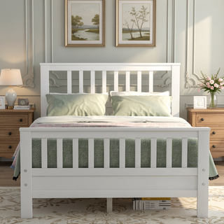 Sunvega White Wood Platform Bed with Headboard Footboard and Slat Support