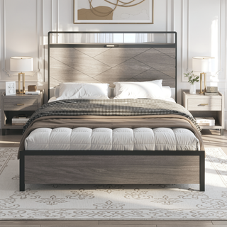 Sunvega Modern Wood and Metal Platform Bed Frame with LED Headboard USB Charging