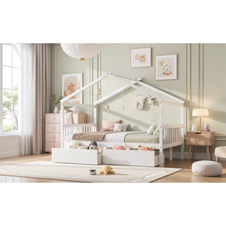 Sunvega Twin Size Wooden House Bed with Drawers and Headboard for Kids Room