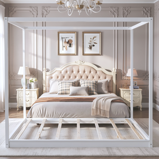 Sunvega White Queen Size Canopy Platform Bed with Support Legs and Sturdy Frame