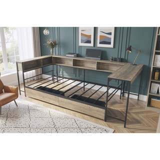 Sunvega Twin Corner Bed Frame with Bookcase Storage Drawers LED Lights Charging