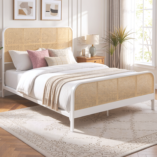 Sunvega Modern Rattan Woven Design Metal Queen Bed Frame with Powder Coated