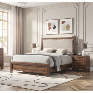 Sunvega Brown Cherry Finish Contemporary Fabric Panel Bed in One Box