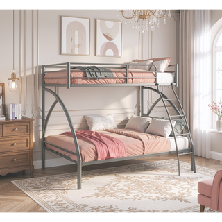 Sunvega Gray Metal Twin/Full Bunk Bed with Guard Rails and Ladder