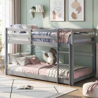 Sunvega Twin over Twin Floor Low Bunk Bed with Ladder for Kids Bedroom