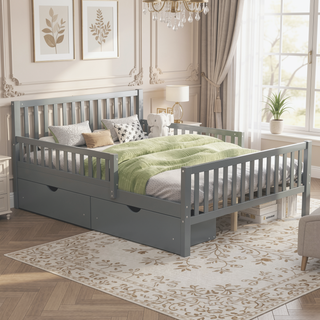 Sunvega Twin Size Walnut Wood Platform Bed with Guardrails and Two Storage Drawers