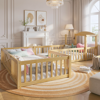 Sunvega Full Size House Floor Bed with Door and Full-Length Guardrails for Kids