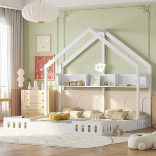 Sunvega Creamy White Twin Size House Platform Beds with Shelves and Guardrail