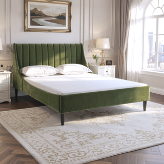 Sunvega Handmade Vertical Tufted Headboard Platform Bed Set in Light Beige Linen