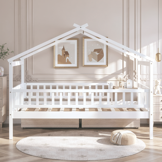 Sunvega Twin Size Wooden House Bed with Two Drawers and Headboard in White