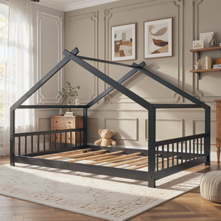 Sunvega Full Size Playhouse Design Wood Bed with Roof for Kids Room