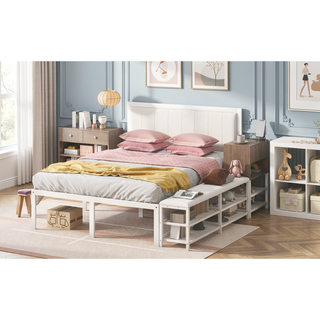 Sunvega Full Size Metal Platform Bed with Two Tier Storage Shelves and Wooden Cabinet