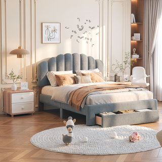 Sunvega Queen Size Upholstered Platform Bed with Storage Drawer and LED Lights