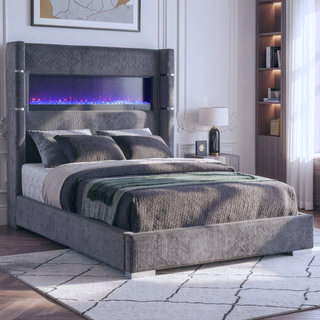 Sunvega Queen Upholstered Wingback Panel Bed with Remote Controlled Flame Box