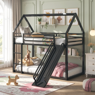 Sunvega Twin over Twin House Bunk Bed with Ladder and Slide in White