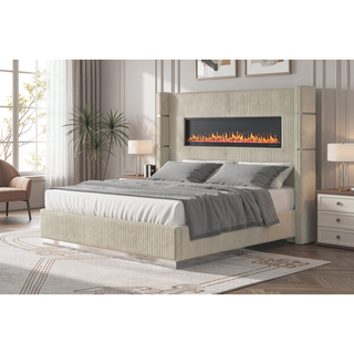Sunvega King Size Upholstered Wooden Bed with Bluetooth Speakers and USB Ports