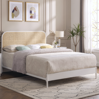 Sunvega Coastal White Queen Metal Bed with Radio Weave Rattan Headboard