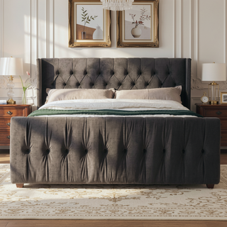 Sunvega King Size Dark Charcoal Grey Velvet Tufted Wingback Bed Frame