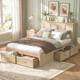 Sunvega Antique Natural Queen Size Platform Bed with 6 Spacious Storage Drawers