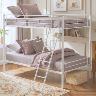 Sunvega White Contemporary Twin Over Twin Metal Bunk Bed with Attached Ladder