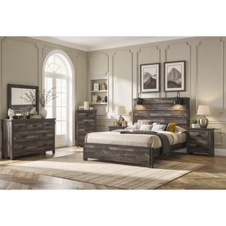 Sunvega Rustic Style Butcher Block Finish Queen Size Wood Platform Bed with Lamps