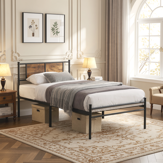 Sunvega Twin Size Metal Bed Frame with Wood Panel Headboard and Under Storage