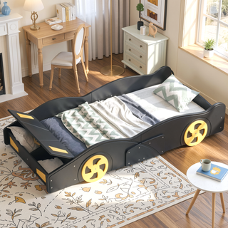 Sunvega Twin Size Race Car Bed with Wheels Storage and Sturdy Wood Construction
