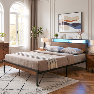 Sunvega King Size Metal Platform Bed Frame with Wooden Headboard and Footboard