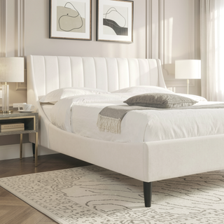 Sunvega Handmade Vertical Tufted Headboard Platform Bed Set in Light Beige Linen