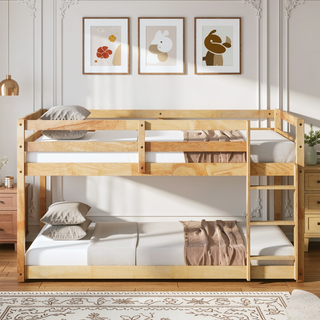 Sunvega Twin over Twin Floor Bunk Bed with Ladder and Strengthened Slats in Espresso
