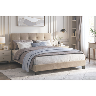 Sunvega Light Brown Velvet Upholstered Queen Platform Bed with Adjustable Height Headboard