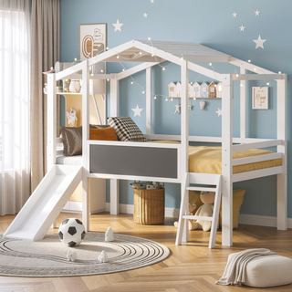 Sunvega Twin Size Loft Bed with Ladder Slide Blackboard and Light Strip