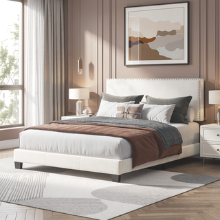 Sunvega Plush Velvet Upholstered Platform Bed with Nailhead Trim and Padded Headboard