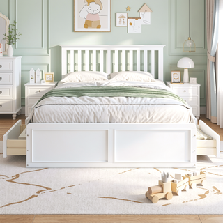 Sunvega Sturdy White Queen Size Platform Bed Frame with 6 Storage Drawers