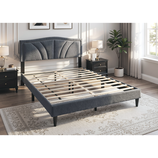 Sunvega Modern Charcoal Burlap Upholstered Headboard with Nailhead Trim