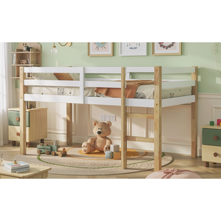 Sunvega Espresso Rubber Wood Low Height Loft Bed with Ladder for Bedroom