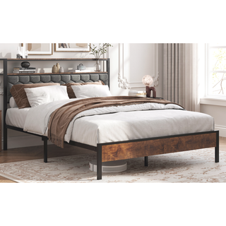 Sunvega Queen Bed Frame with Vintage Shelf Headboard and USB Charging Station