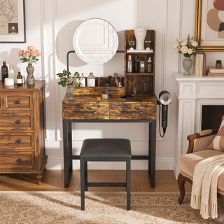 Sunvega White Makeup Vanity Table with LED Lights Power Outlet and 2 Drawers