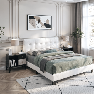 Sunvega Modern Style White Faux Leather Rectangle Headboard Full Size Bed