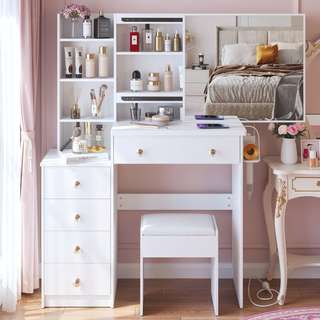 Sunvega 37 Inch Left Bedside Vanity Table with Cushioned Stool and Sliding Mirror