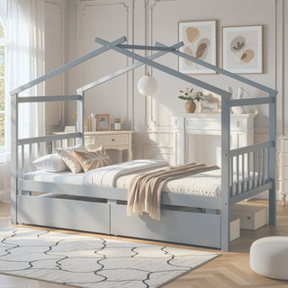 Sunvega Twin Size Wooden House Bed with Drawers and Headboard for Kids Room