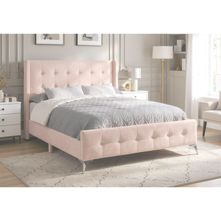 Sunvega Chic Pink Velvet Upholstered Queen Size Platform Bed with Chrome Metal Legs
