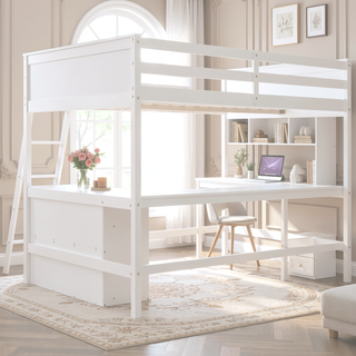 Sunvega Sturdy Pine Wood Loft Bed with Desk and Bookshelves for Space Saving